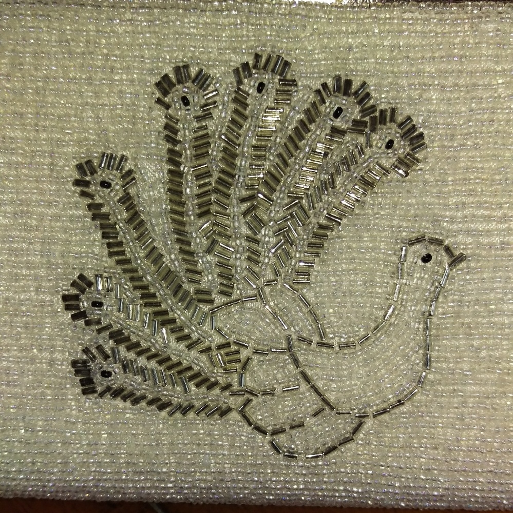 Vintage Silver and Cream Beaded Clutch w/ Peacock